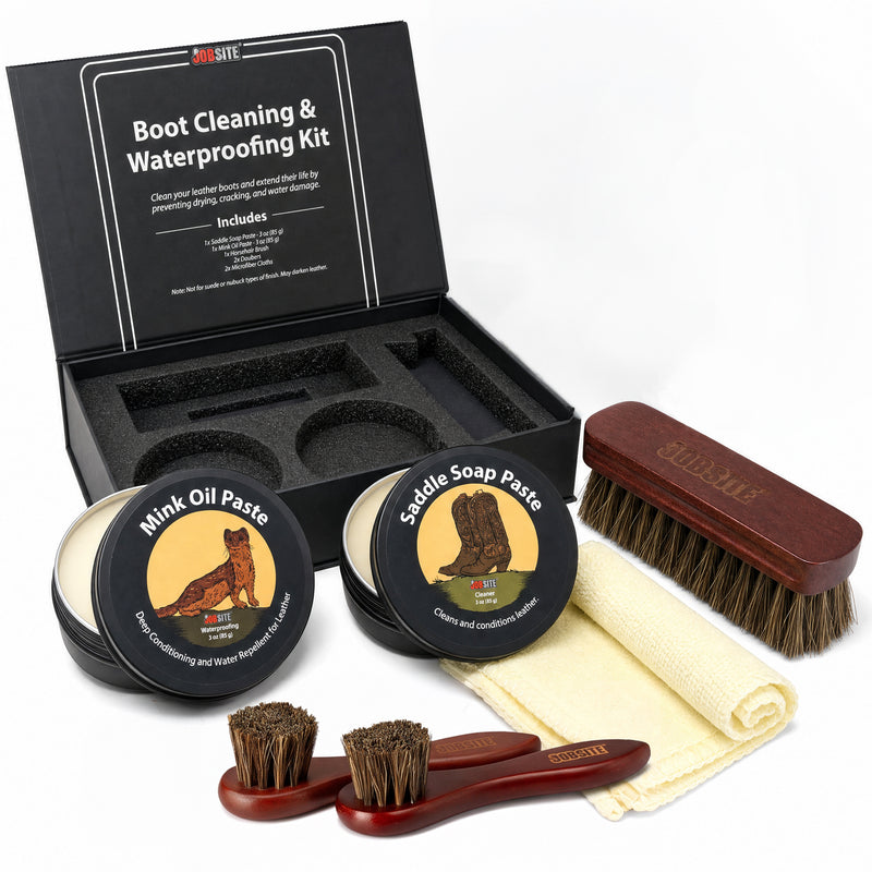 JobSite Leather Boot Cleaner Kit with Saddle Soap & Mink Oil - Heavy Duty Leather Cleaner & Waterproofing for Work Boots - Includes Shine Brush, Applicator Brushes & Shine Cloths